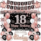 Trgowaul 18th Birthday Decorations for Girls, 30pcs Black Rose Gold Happy Birthday Party Supplies, 18th Crown and Sash, Banner, Hanging Swirl Flag, Balloons, 18 Year Old Party Decorations Kit