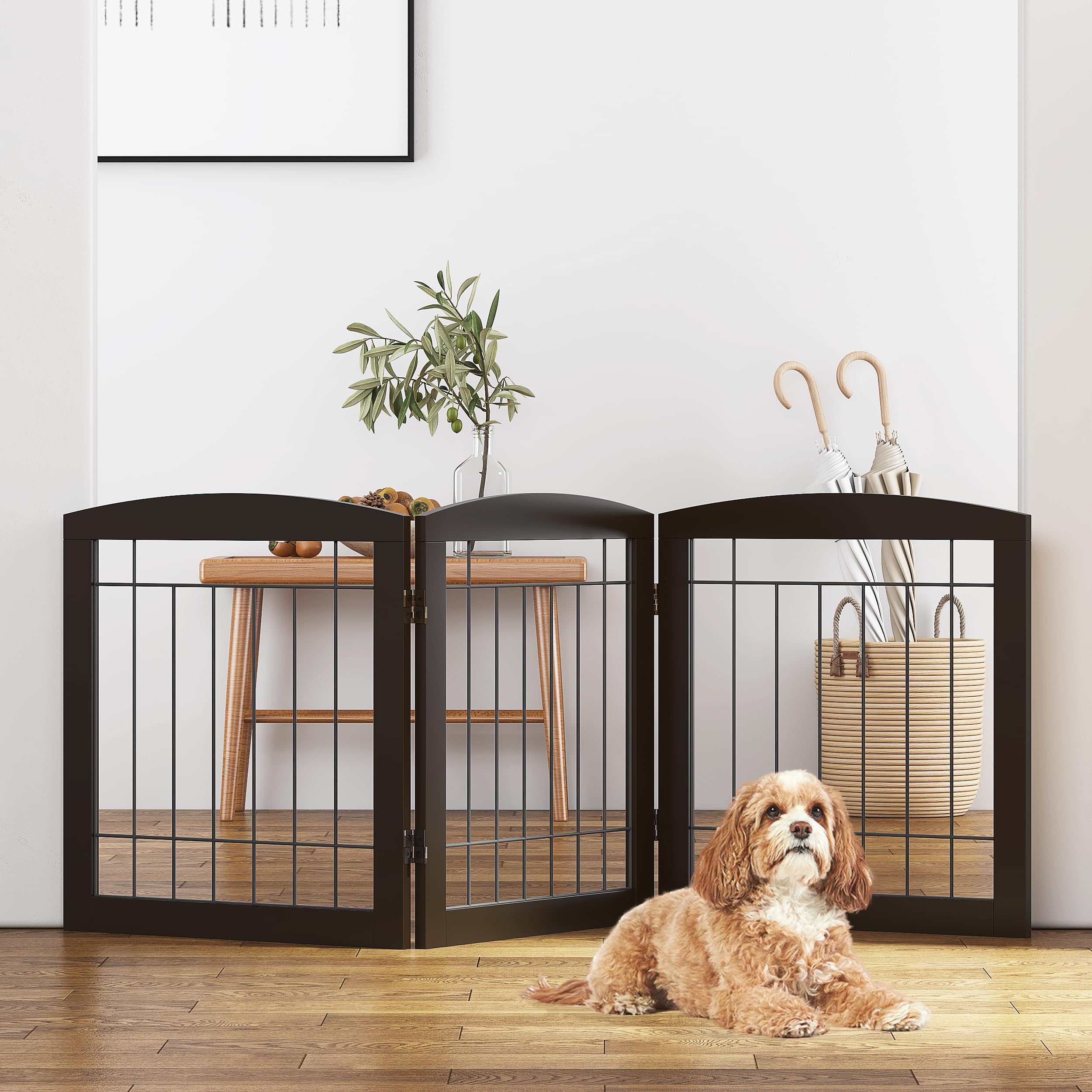 Photo 1 of ***PARTIAL SET MISSSING ASSEMBLY PIECES/ COLOR WHITE*** PAWLAND Free Standing Dog Gates for The House Stairs Doorways Indoor Foldable Wooden Small White Puppy Pet Gate Step Over Fence 60" W 24" H 3 Panels Espresso