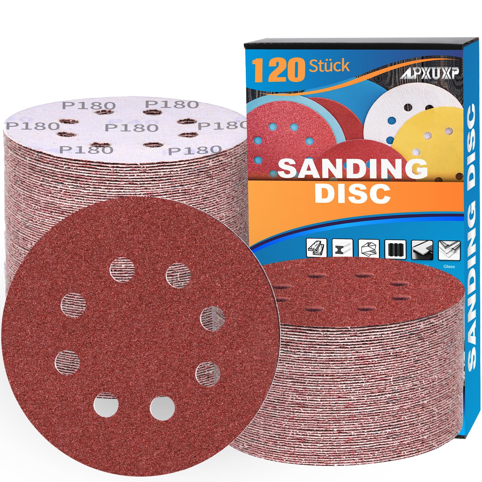 120Pcs 125mm Sanding Discs 8-Holes Hook and Loop Sanding Pads for Random Orbital Sander Sandpaper Sheet(40/60/80/120/180/240/320/400 x15 Mixed Grits)-ALPXUXP — image 1