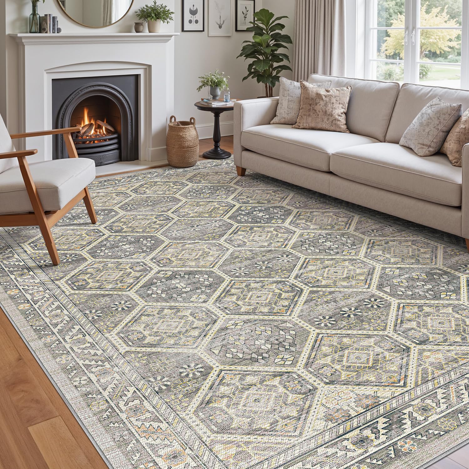 Photo 1 of DEXI Area Rugs for Living Room, 4x6 Washable Low Pile Vintage Traditional Rug for Bedroom, Non Slip Indoor Carpet for Dining Office Nursery, Beige Grey