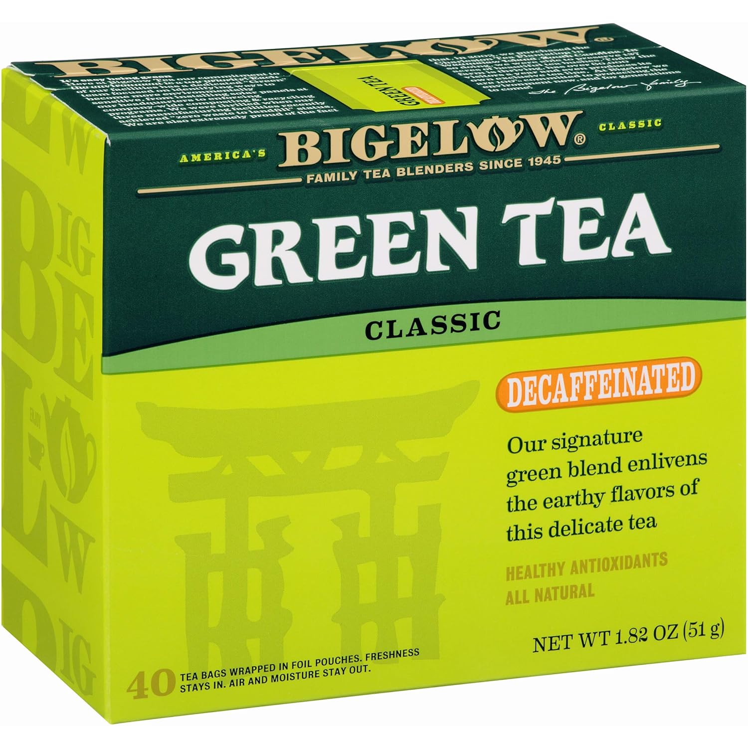 Bigelow Decaffeinated Green Tea 4, Decaffeinated Individual Green Tea Bags, for Hot Tea or Iced Tea, Drink Plain or Sweetened with Honey or Sugar, 40 Count, Pack of 6