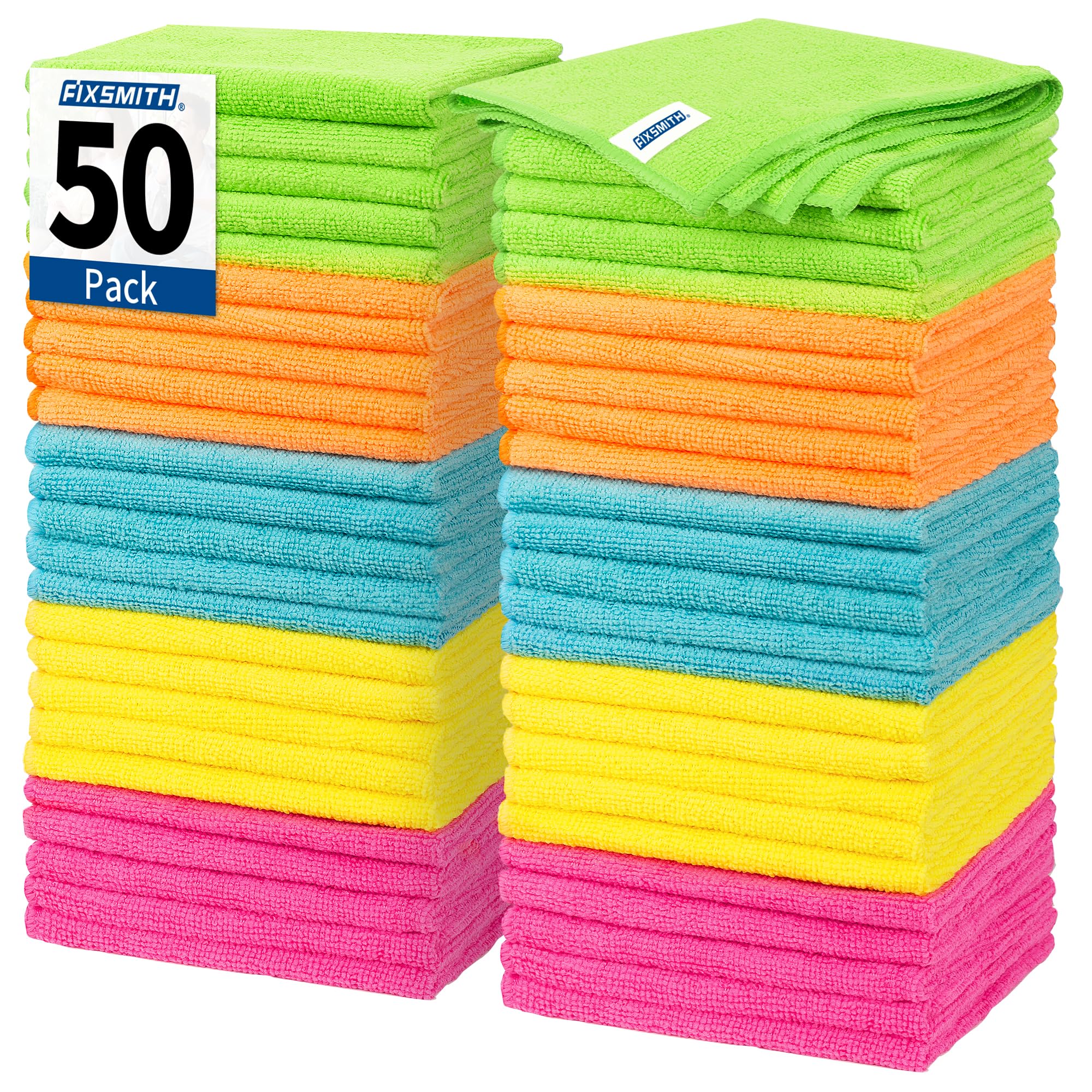FIXSMITH Microfibre Cleaning Cloth, 50 Pack Cleaning Rags, Cleaning Towels for Housekeeping, Kitchen, Car, Lint-Free, Reusable Shop Towels with 5 Colors (Green/Blue/Yellow/Orange/Pink), 12"X12"