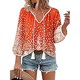 Vivilli Womens Boho Tops Casual V Neck 3/4 Sleeve Blouses Floral Print Shirt Tie Front Flowy Vacation Clothes