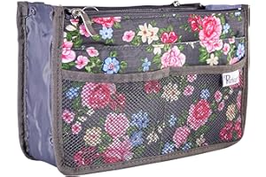 Periea Chelsy Purse Organizer Insert with Handles & 13 Pockets - 3 Sizes (Grey Floral, Small)