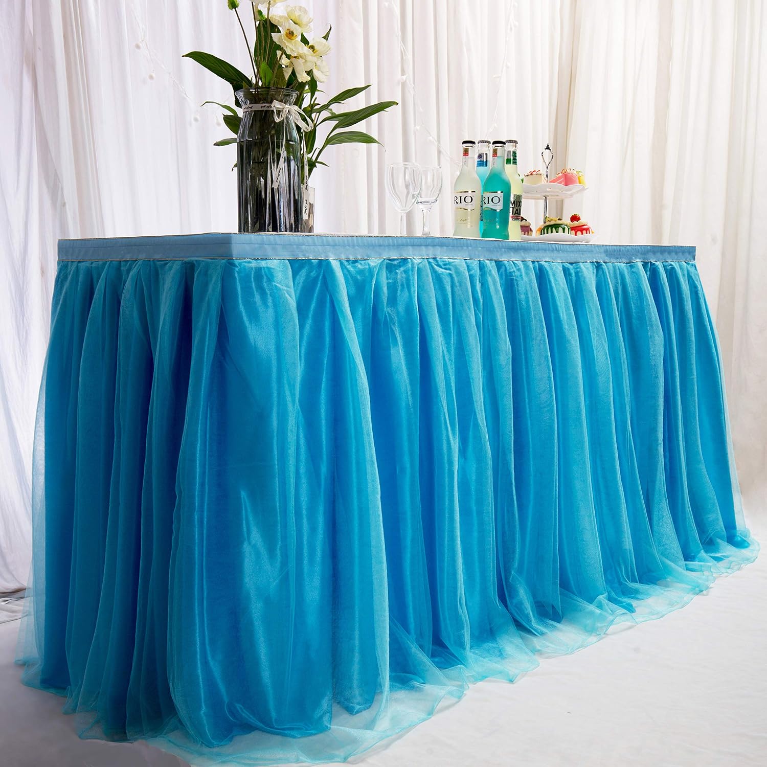 MYMM 14ft / 426cm Blue Table Skirt, Romantic Tulle desk gauze, Table Decoration, Snowflake Wonderland Tutu Table Cloth - Image 3