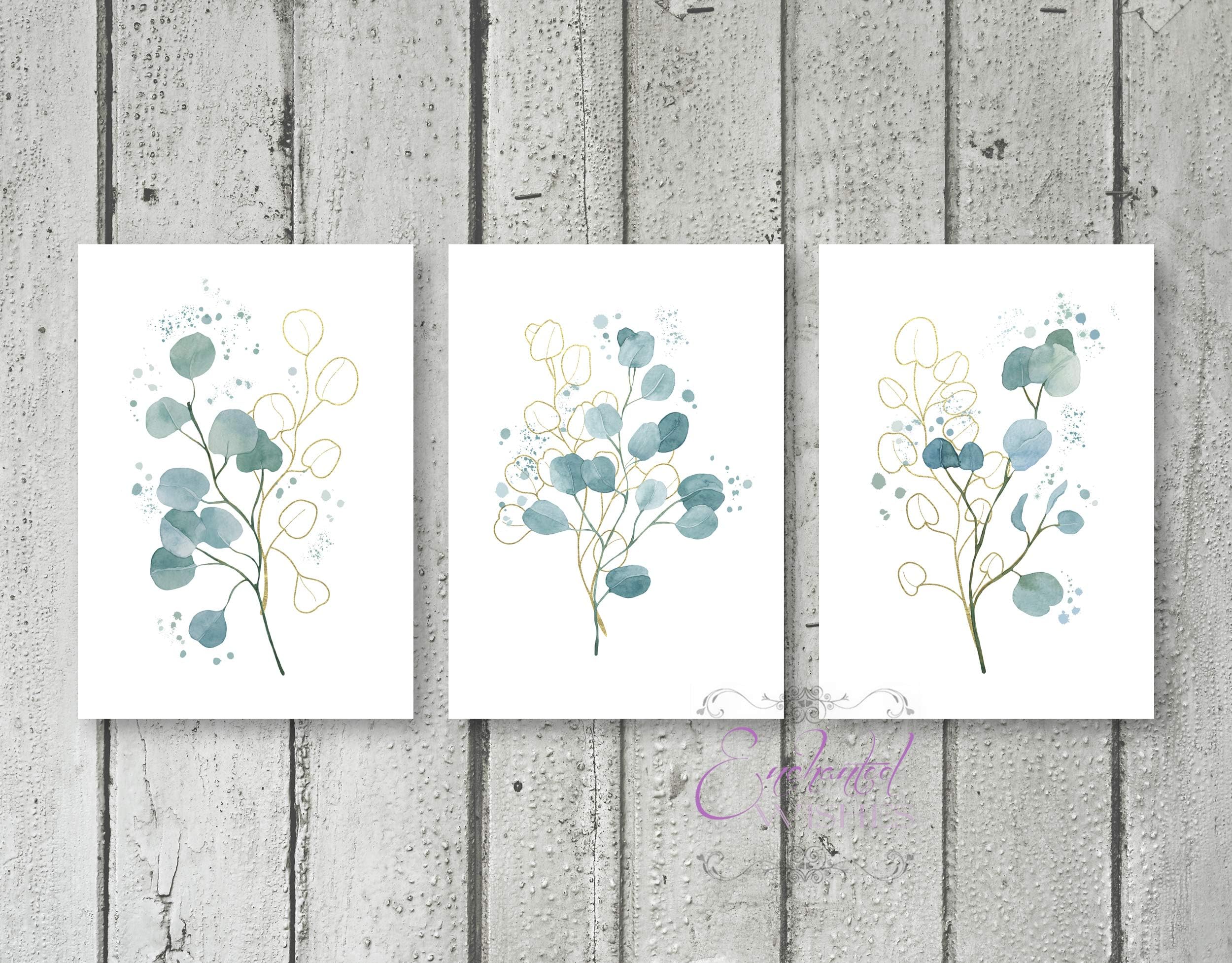 Eucalyptus Leaf Splatter Prints Set of 3, Botanical Wall Art Pictures, Unframed Posters