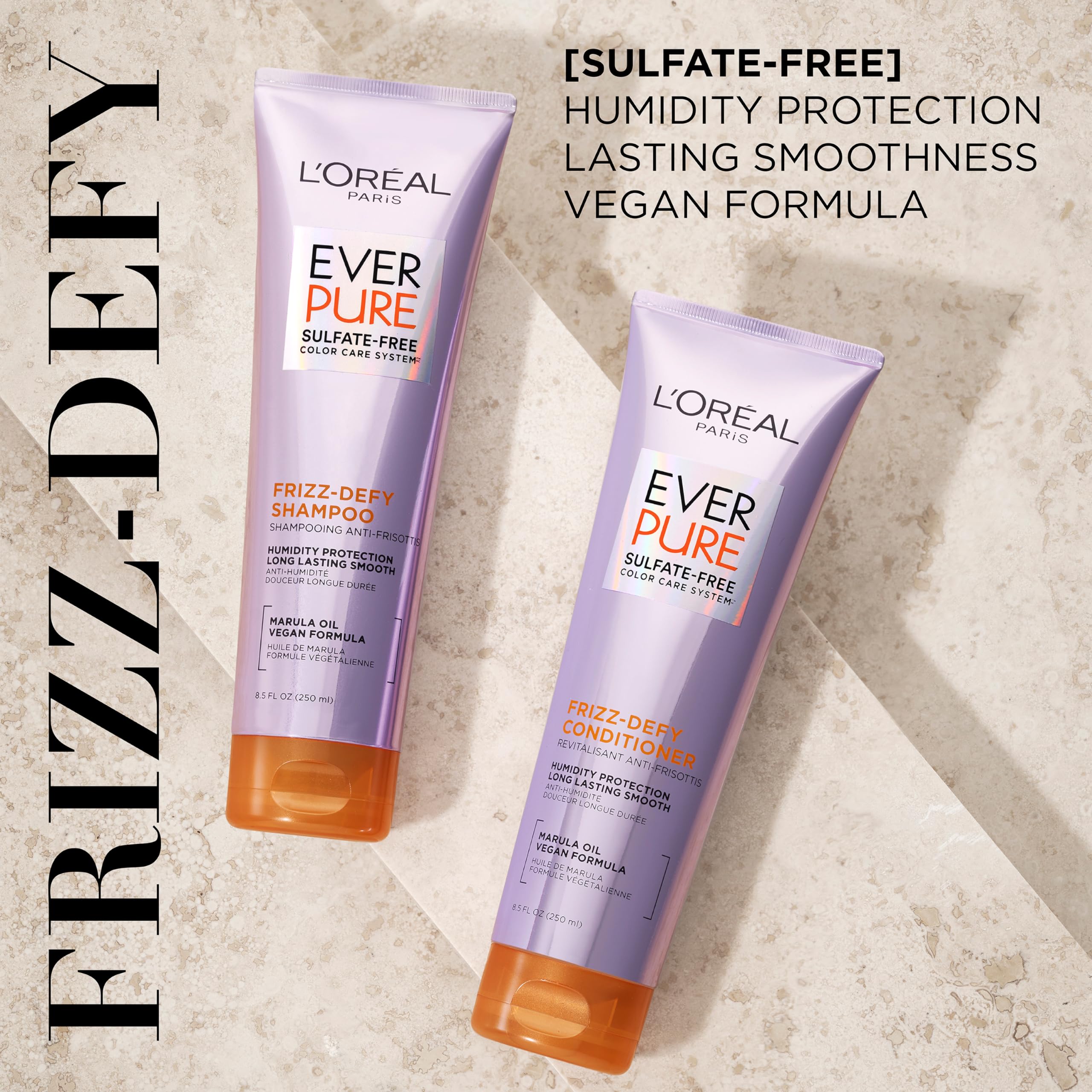 L'Oreal Paris Sulfate Free Frizz Defy Conditioner, Frizz Control Hair Care with Marula Oil, EverPure, 8.5 Fl Oz (Packaging May Vary)