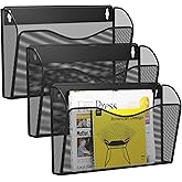 GDINDINFAN 3 Single Pocket Wall File Holder, Mesh Hanging File Folder Paper Organizer, Vertical Wall Mounted Mail Basket, Storage Organization Magazine Rack for Office, Home and School, Black