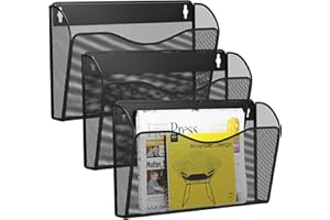 GDINDINFAN 3 Single Pocket Wall File Holder, Mesh Hanging File Folder Paper Organizer, Vertical Wall Mounted Mail Basket, Storage Organization Magazine Rack for Office, Home and School, Black