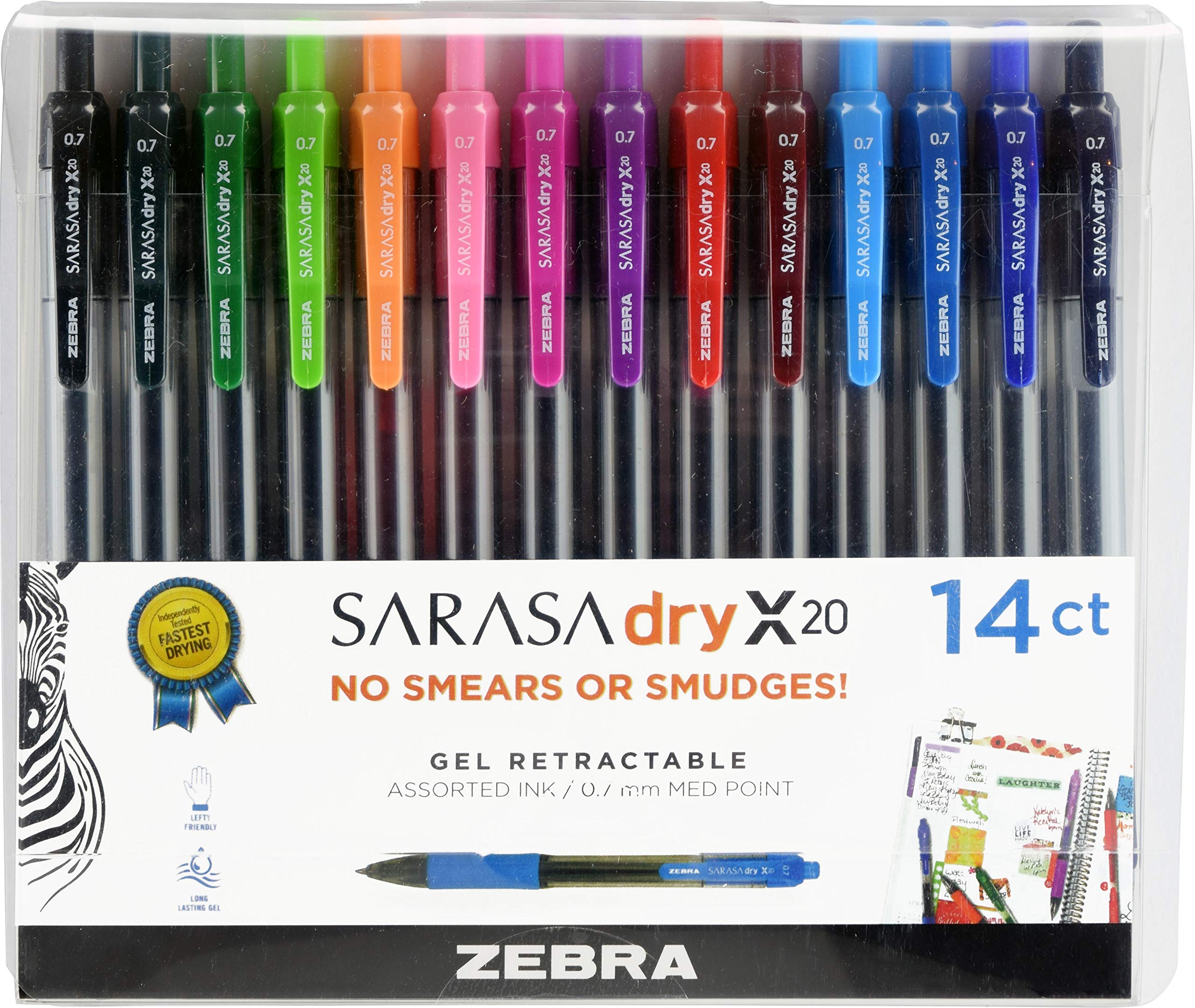Zebra Pen Sarasa Dry X20 Retractable Gel Pen, Medium Point, Assorted Fashion Color Ink, Model Number: 46824 (Pack of 1,14 Count Total)
