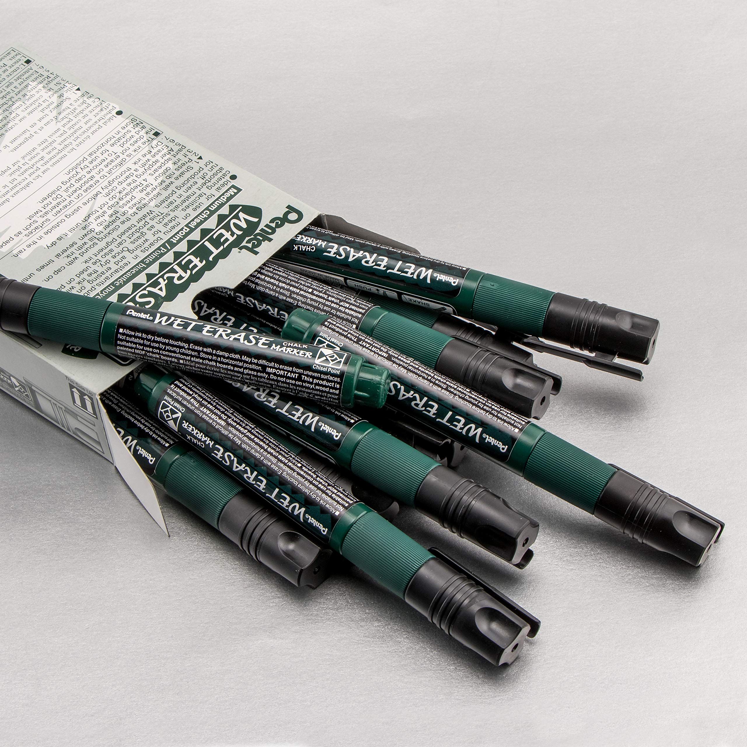 Pentel Arts Wet Erase Chalk Marker, Chisel Tip, Black Ink, Box of 12