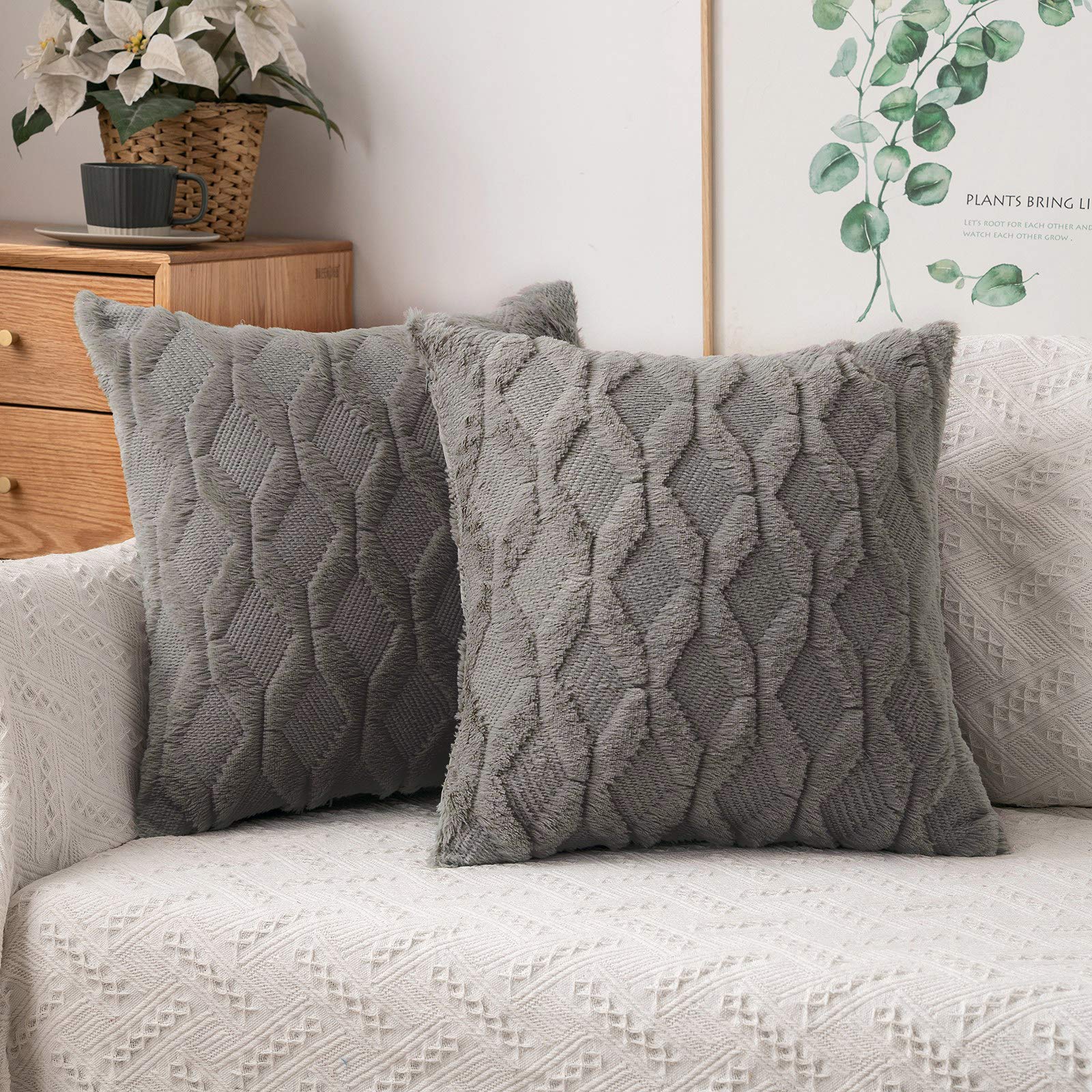 MIULEE Set of 2 Soft Plush Wool and Suede Cushion Covers with Diamond Patterns on Both Sides Decorative Pillowcase for Living Room, Bedroom, Sofa, 40 x 40 cm, Dark Grey — image 1