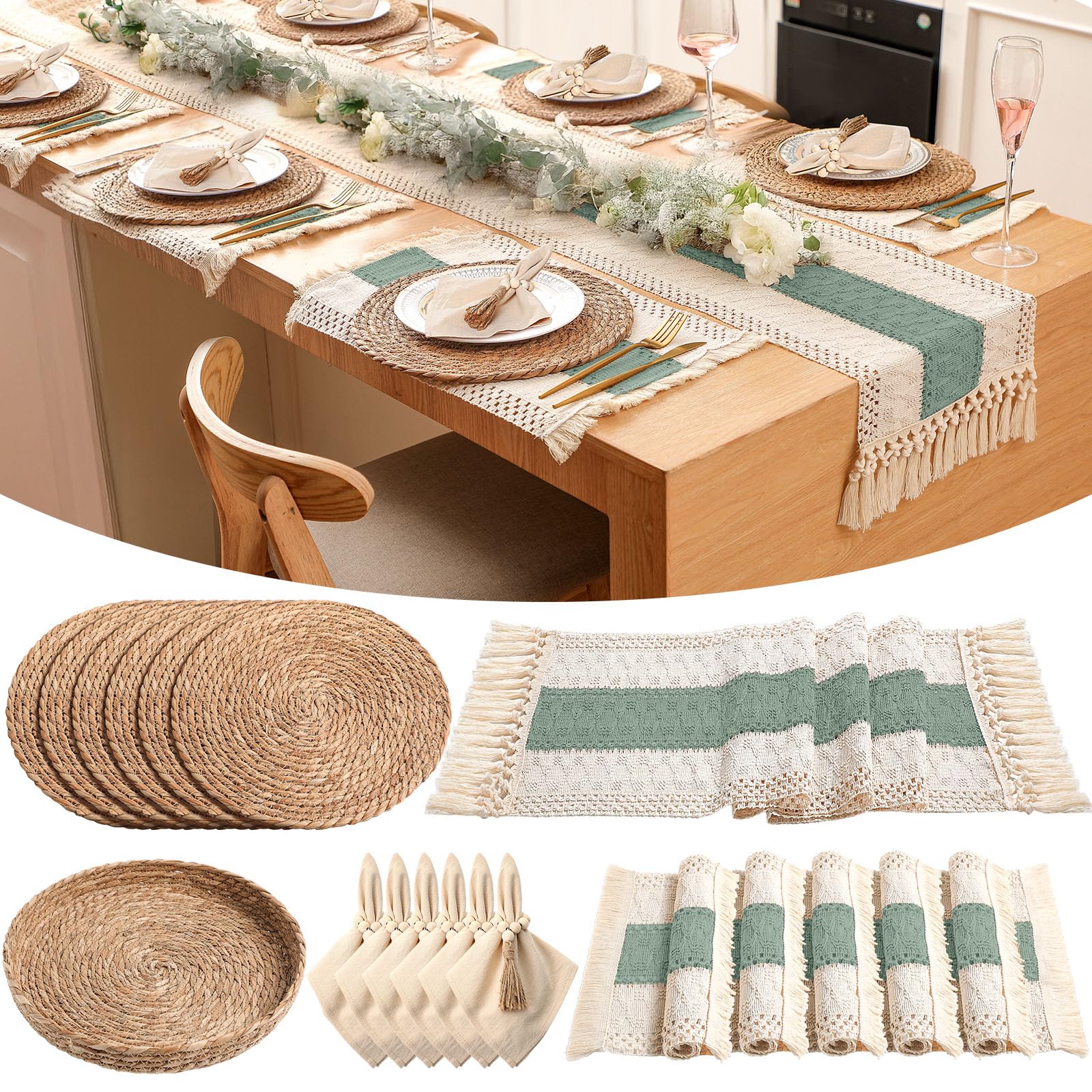 Photo 1 of Gandeer 6 Sets Boho Placemats Round Woven Placemats, Cloth Napkins, Wood Bead Napkin Rings, Long Table Runner and Farmhouse Rustic Natural Burlap Cotton for Kitchen Dining Table Home (Green)