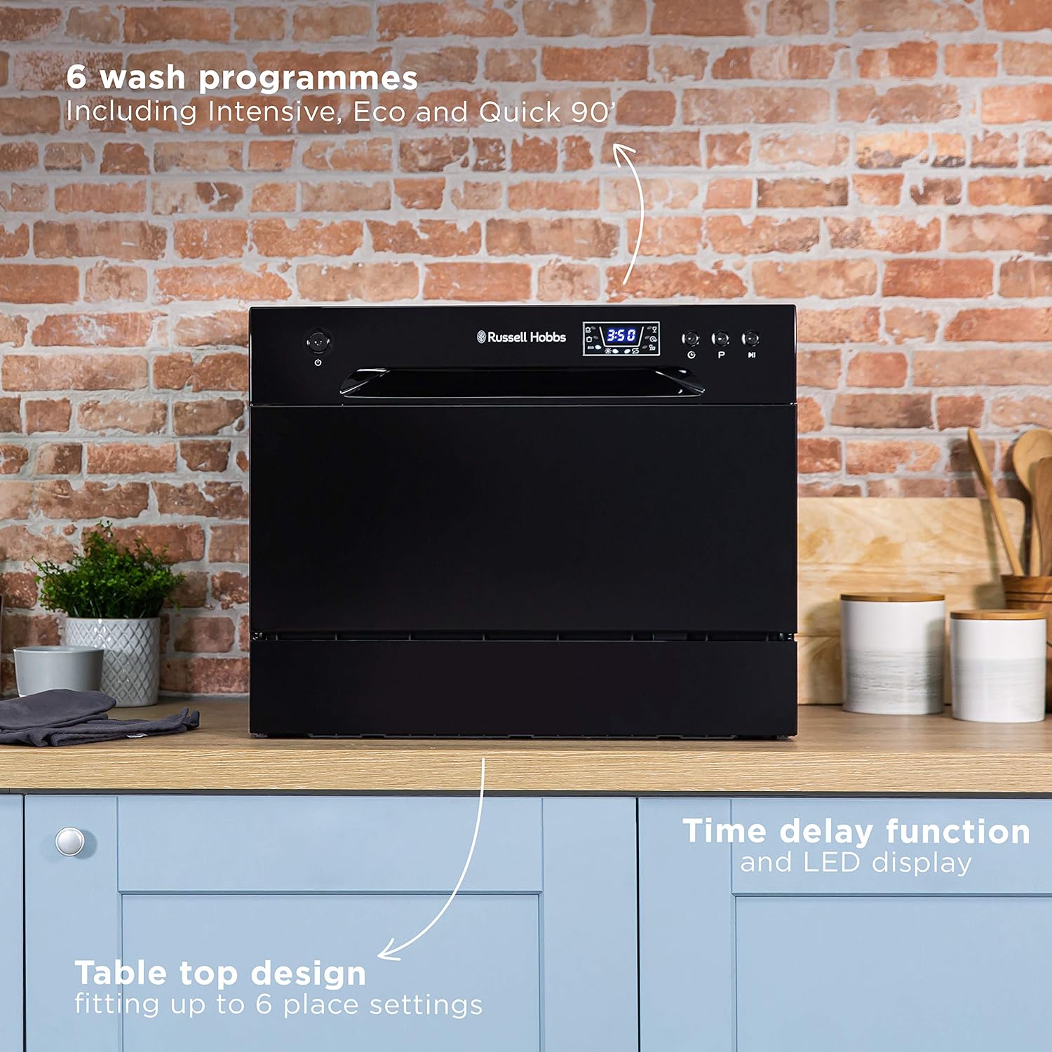 Russell Hobbs RHTTDW6B Compact Table Top Dishwasher with 6 programmes, 6 place settings, Eco
