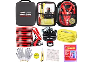 LIANXIN Car Roadside Emergency Kit, with Jumper Cables Automotive Kit,Car Safety Roadside Assistance Kit Headlamp,Tow Straps,Art Knife, Rainwear, Gloves.Grey