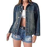 roswear Women’s Denim Jackets Oversized Button Long Sleeve Washed Jean Trucker Jacket with Pockets