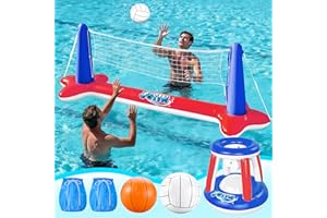 JOYIN Inflatable Pool Float Set Volleyball Net & Basketball Hoops, Balls Included for Kids and Adults Swimming Game Toy, Summer Floaties, Volleyball Court |Basketball,L-Red