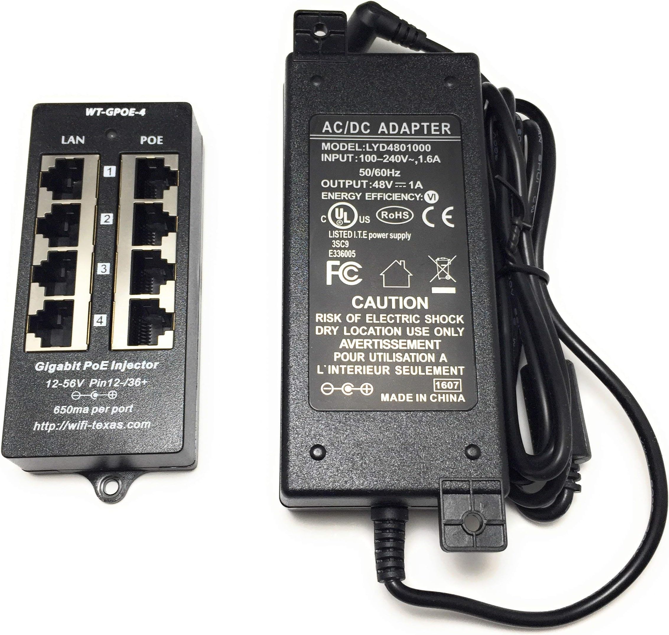 WT-GPOE-4-48v60w 4 port Gigabit PoE injector for 802.3af or passive 802.3at devices with 48v60w power supply