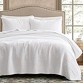 WDCOZY 100% Cotton King Size Quilt Set - White Striped Pick Stitch Soft Lightweight Bedspread, Textured Like Linen, Farmhouse Country Rustic Coverlet, Shabby Chic Gauze Bedding, 3 Pieces