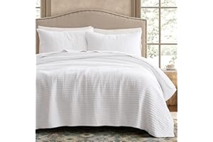 WDCOZY 100% Cotton King Size Quilt Set - White Striped Pick Stitch Soft Lightweight Bedspread, Textured Like Linen, Farmhouse Country Rustic Coverlet, Shabby Chic Gauze Bedding, 3 Pieces