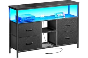 Huuger TV Stand Dresser with Power Outlets and LED Lights, 4 Drawers Entertainment Center with Open Shelf, Media Console for 50 43 Inch TV, Dresser with PU Finish, Black