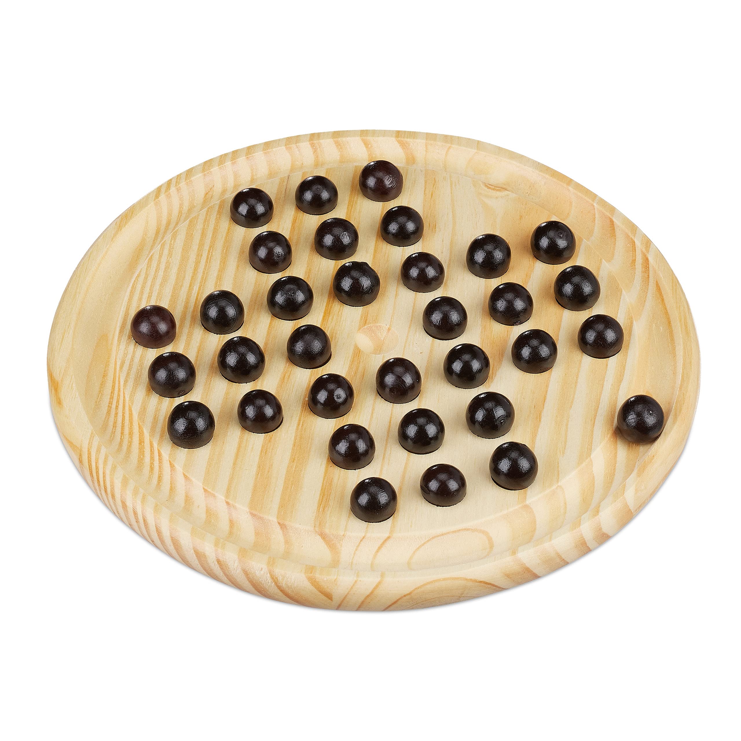 Relaxdays Solitaire Game, Round Game Board, 33 Marbles, Children & Adults, 1 Player, Wooden Game; Natural/Black
