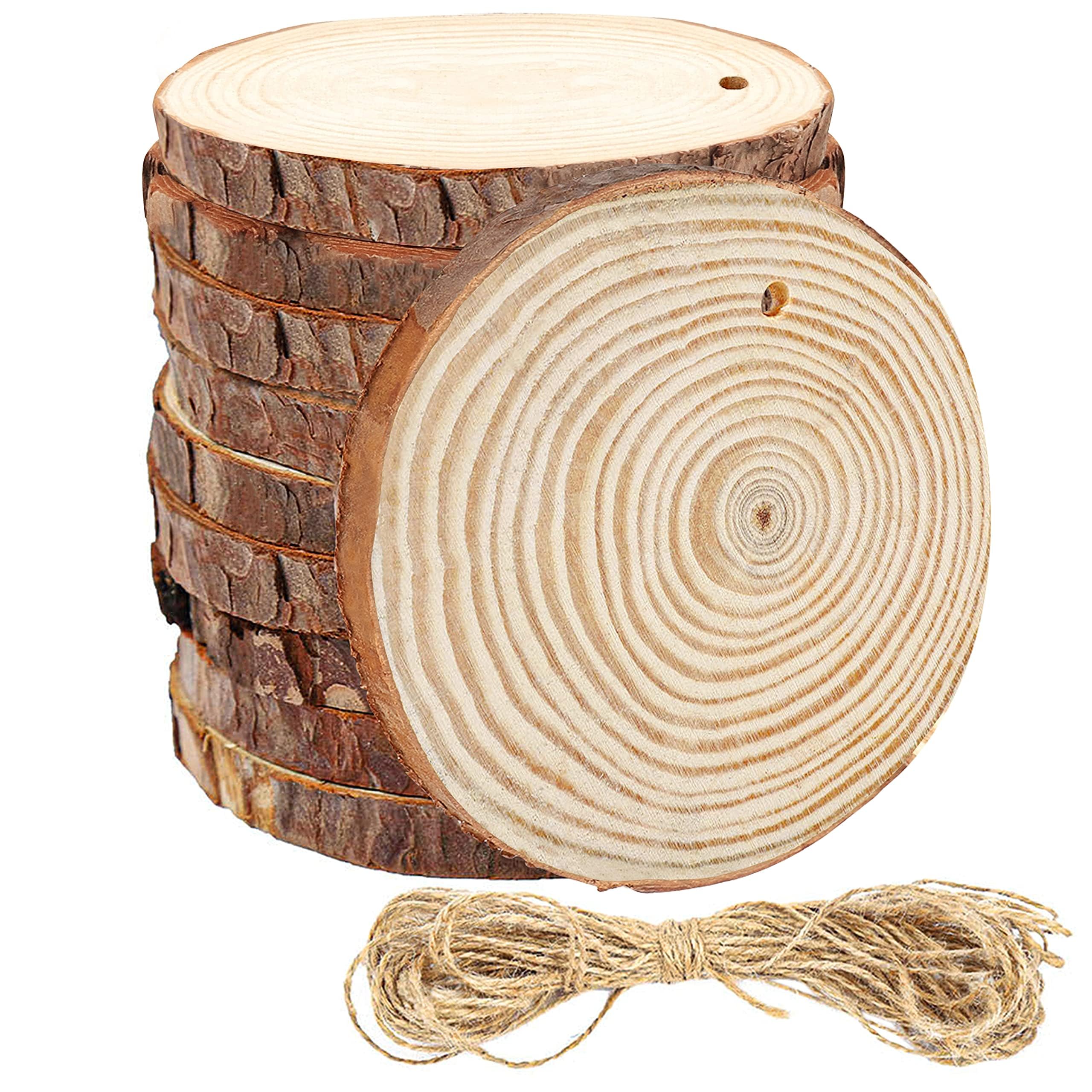 Kurtzy 10 Pack Unfinished Wood Slices with Holes & String - 10-12cm Diameter, 10mm Thick - Rustic Natural Wooden Log Discs with Bark - for Arts/Crafts, DIY, Hanging Decorations & Christmas Ornaments
