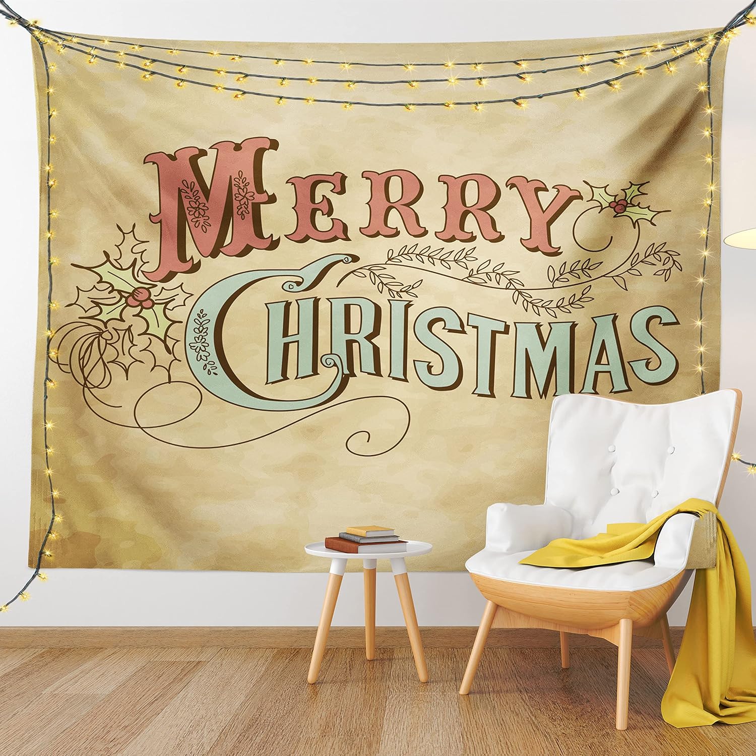 Tapestries - Lunarable Merry Christmas Tapestry, Vintage Merry Xmas Message Holly Berry, Wide Wall Hanging for Bedroom Living Room Dorm, 60