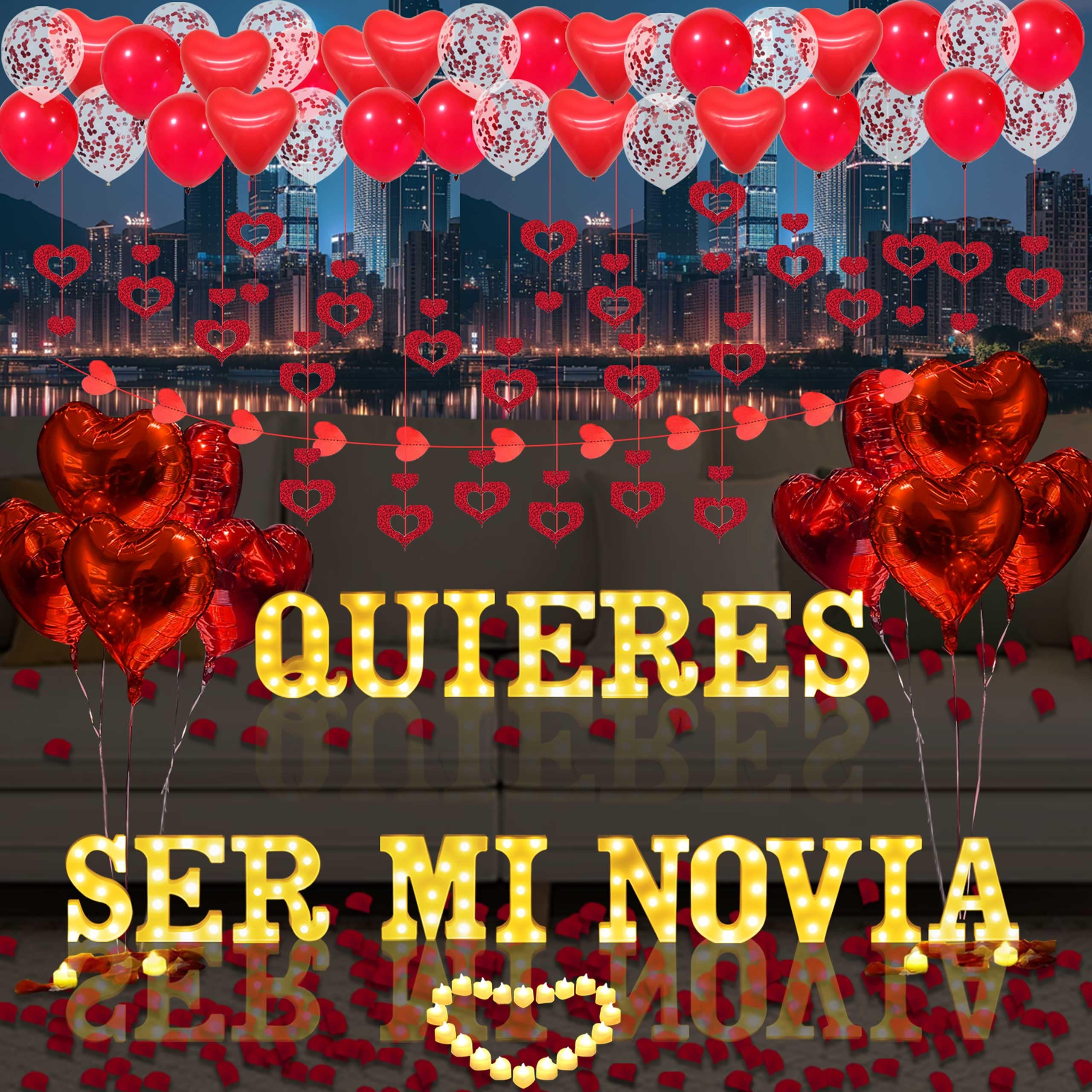 Photo 1 of Quieres Ser Mi Novia Light Up Letters Proposal Decorations, 17Pcs 6.3" Letter Signs, 24Pcs Flameless Candles 2000Pcs Red Artificial Rose Petals 45Pcs Latex Balloons 10Pcs Heart Balloon Valentine's Day