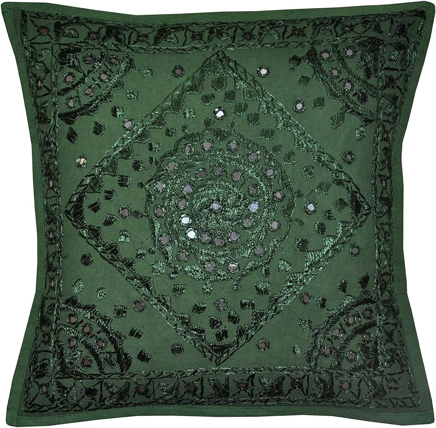 Jaipuri Handloom Crafts JHC's Green Mirror Embroidered Decorative Sofa Throw Pillow Cushion Cover Bohemian