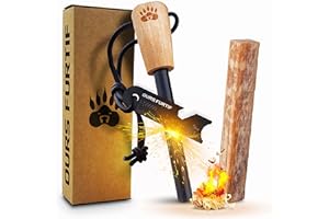 OURS FURTIF Fire Starter Survival Tool - 3/8" Thick Flint and Steel Ferro Rod - Survival Kit Fire Steel with Fat Wood Tinder Stick & Multi-Tool Striker - for Camping, Emergency, Bushcraft, Outdoor
