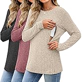Sweetyweee 3 Pack Women's Nursing Long Sleeve Tops Breastfeeding Thermal Sweaters with Hidden Zipper Maternity Ribbed Shirts(Black, Red, Apricot,Medium)