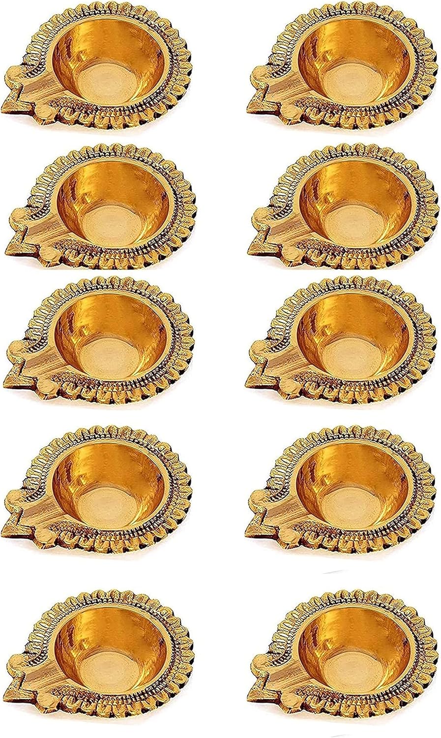 Oil Lamps & Accessories - SATVIK 10 Pc Lakshmi Deepak for Diwali Decoration. Handmade Oil Lamp Golden Engraved Made of Virgin Brass Metal Vilakku for Puja Pooja. Traditional Indian Deepawali Housewarming Return Gift Items