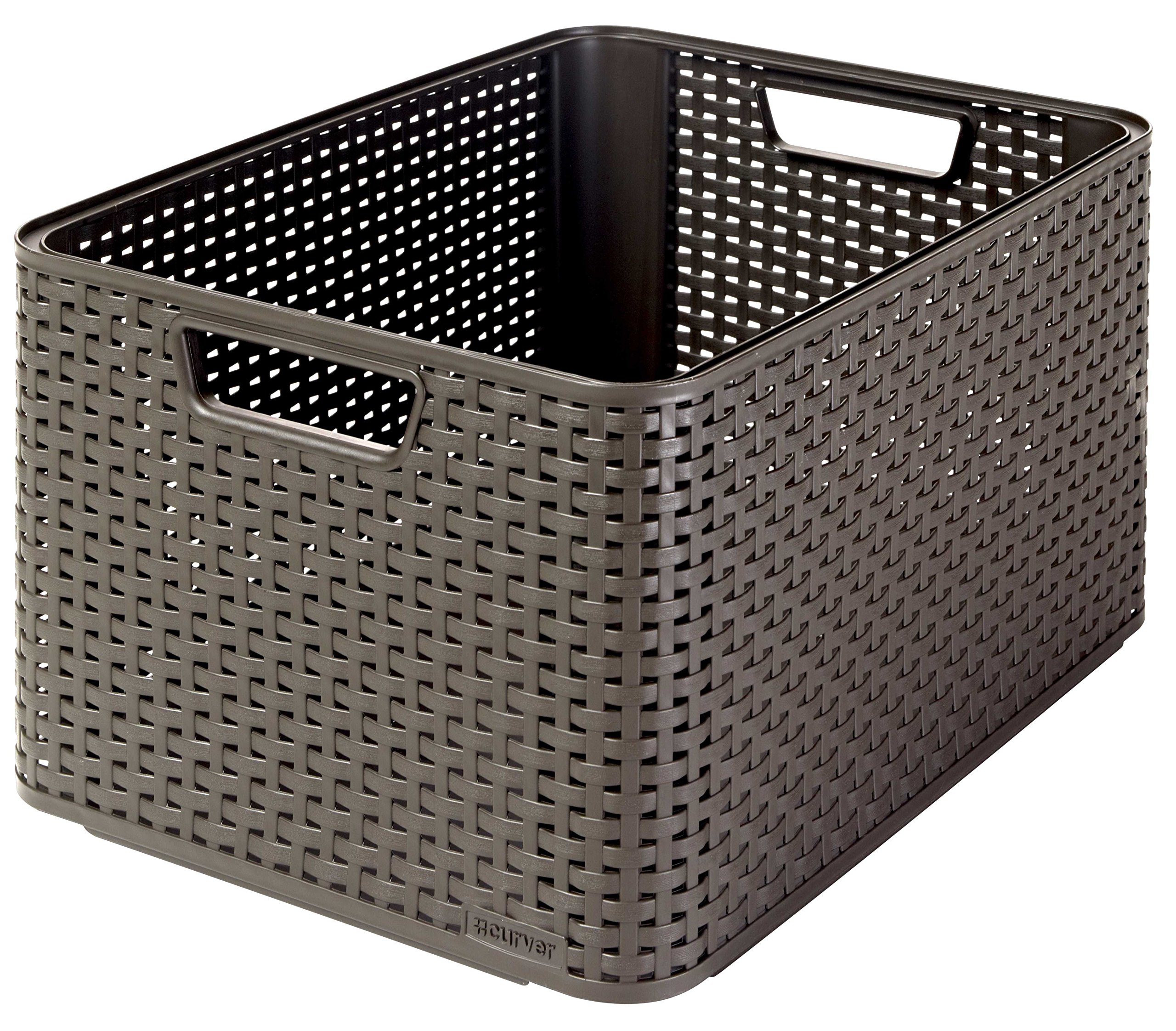 Curver Storage Basket Style 30L – Textured Rattan Look – For Bedroom, Living Room, Bathroom, Laundry Room – 44.5 x 33 x 25 cm – Chocolate – 70% Recycled