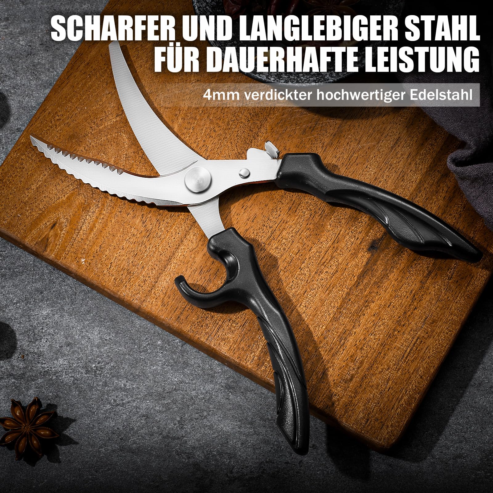 PURPLE BIRD GK02 Geflügelschere Küchenschere Profi, 4mm Edelstahl fleischschere mit Sicherheitsschloss & Federbelastung, 103° Schneidwinkel für Fleisch, Gemüse und Knochen, Rutschfester Griff 2