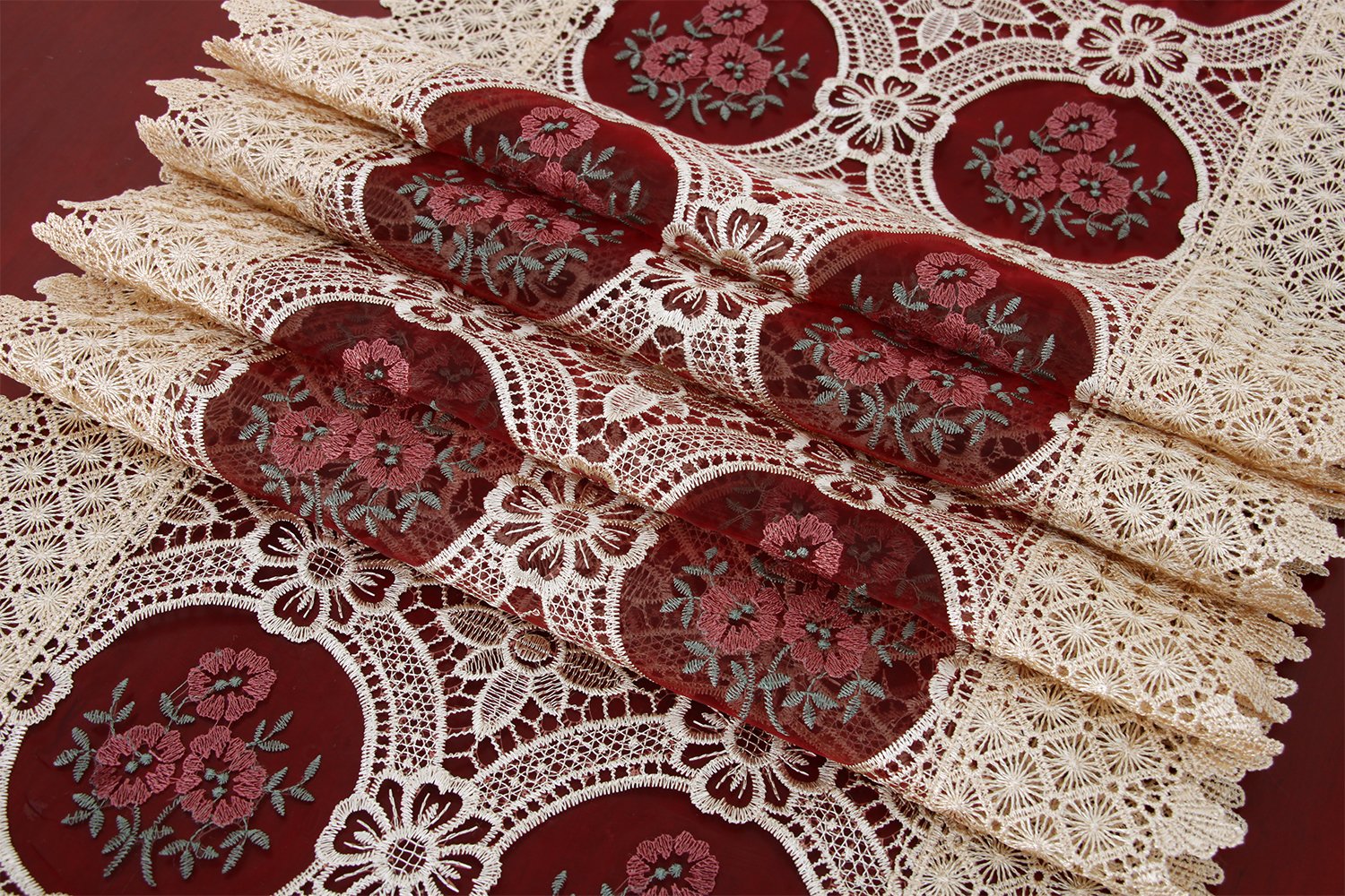 Simhomsen Small Vintage Gold Burgundy Lace Table Runner Dresser Scarves