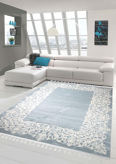 Traum Designer Rug Contemporary Rug Wool Rug Border Design With Fringe Living Room Carpet Turquoise Cream Size 150 Cm Rund Amazon Co Uk Kitchen Home