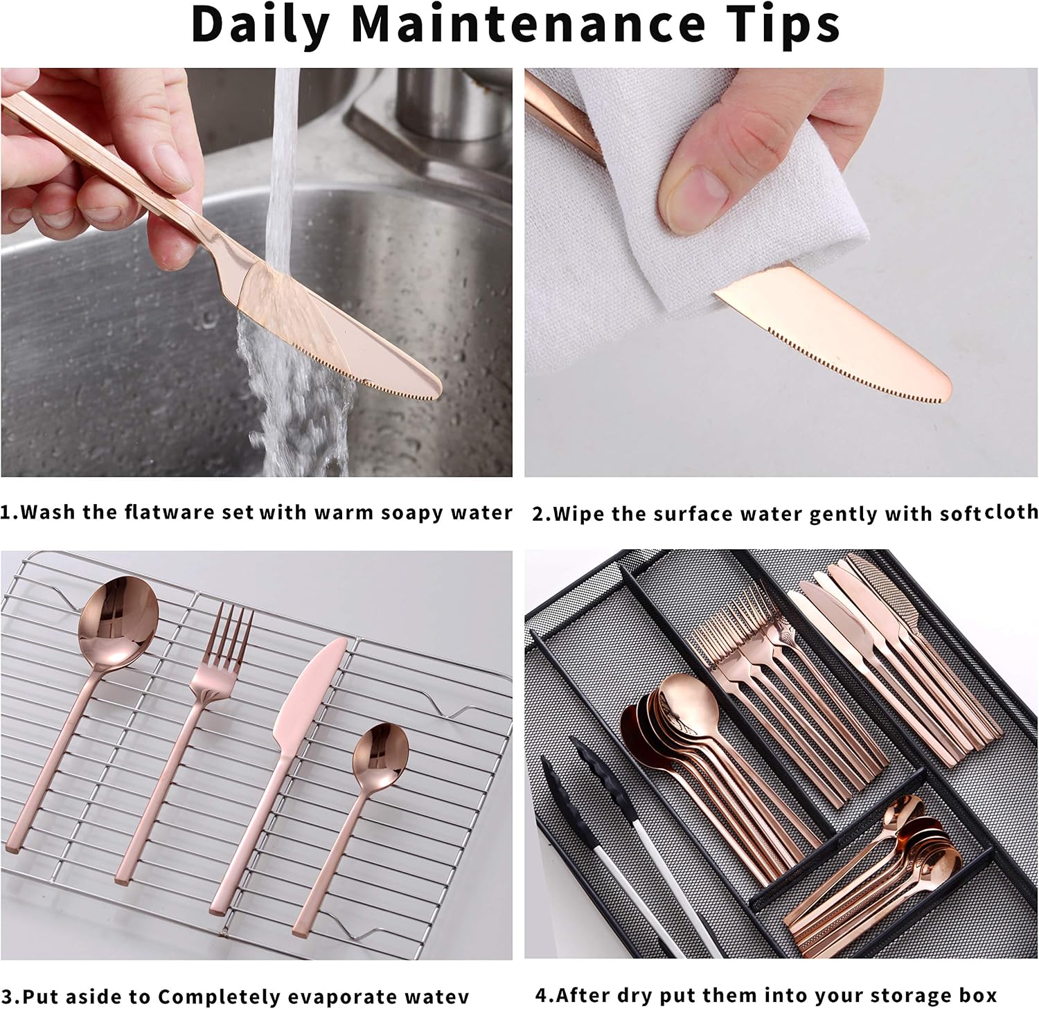 Velaze 24-Piece Rose Gold Silverware Set Cutlery Set, Stainless Steel Cutlery Set for 6 People Include Dinner Spoon - Image 5