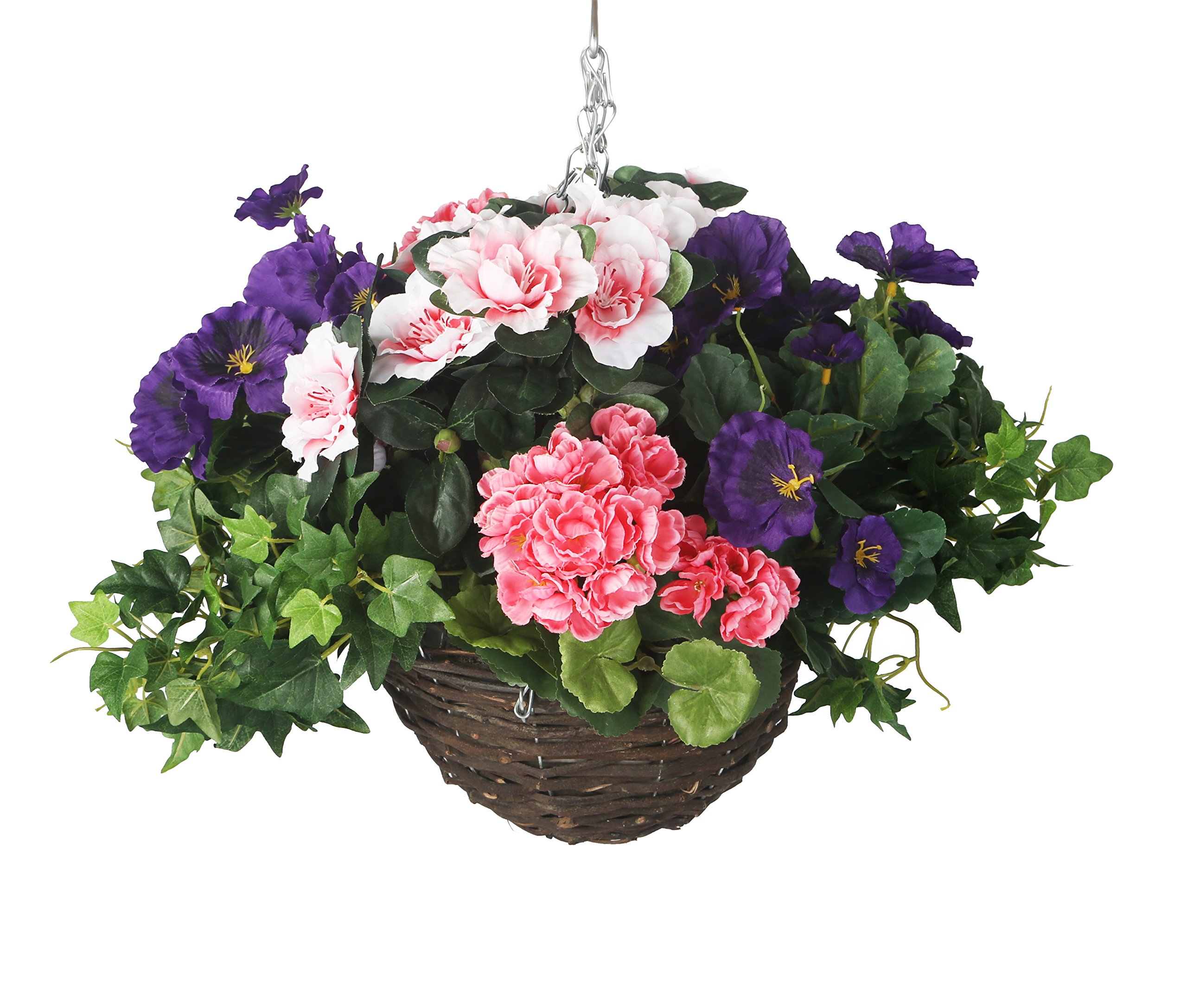 Closer2Nature Artificial Purple Pansy, Pink Azalea and Geranium Display in a 10" Round Willow Hanging Basket, Faux Flowers Decoration Plants for Vibrant Outdoor Foliage in Garden