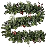 prelit Christmas Garland 9 ft with Lights - Red Style Pre lit Garland for Christmas Holiday Decorations. Thick Branch 230 Tips. 50 led Warm Yellow Lights| Pine Cones Dyed White| Red Berries