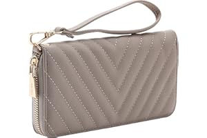 B BRENTANO Brentano Vegan Leather Slim Single-Zipper Chevron Embroidered Wallet Clutch with Removable Wrist Strap (Almond Beige)