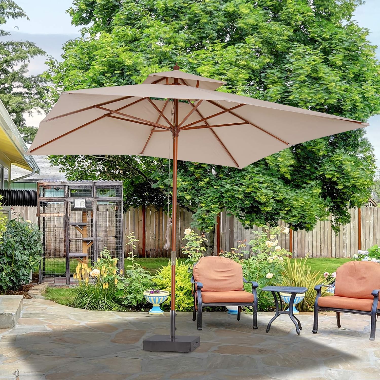 Outsunny 10x10ft Wood Square Patio Umbrella Garden Market Parasol
