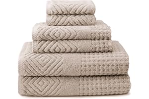 TEXERESILK Texere 100% Organic Cotton Diamond Jacquard 700 GSM Luxury Bath Towel Sets - 2 Large Bath Towels, 2 Hand Towels, 2 Washcloths (Diamond, Oxford Tan, 6 Piece)
