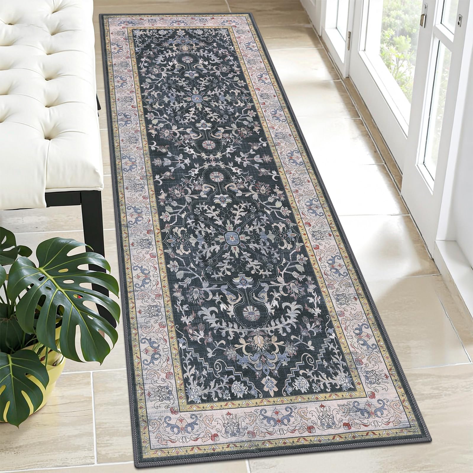 U'Artlines 2' x 6' Boho Hallway Runner Rug Vintage Farmhouse Non Slip Soft Washable Accent Runner Carpet for Kitchen, Entryway, Laundry, Living Room(Dark Grey) Image