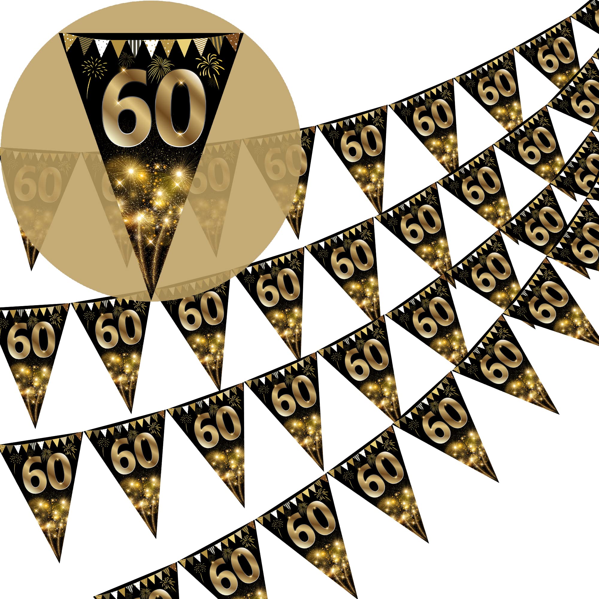 40Pcs Happy 60th Birthday Banner Bunting Flags Gold and Black Glitter 60th Anniversary Party Decoration Supplies, Triangle Flag Banners for Men Women