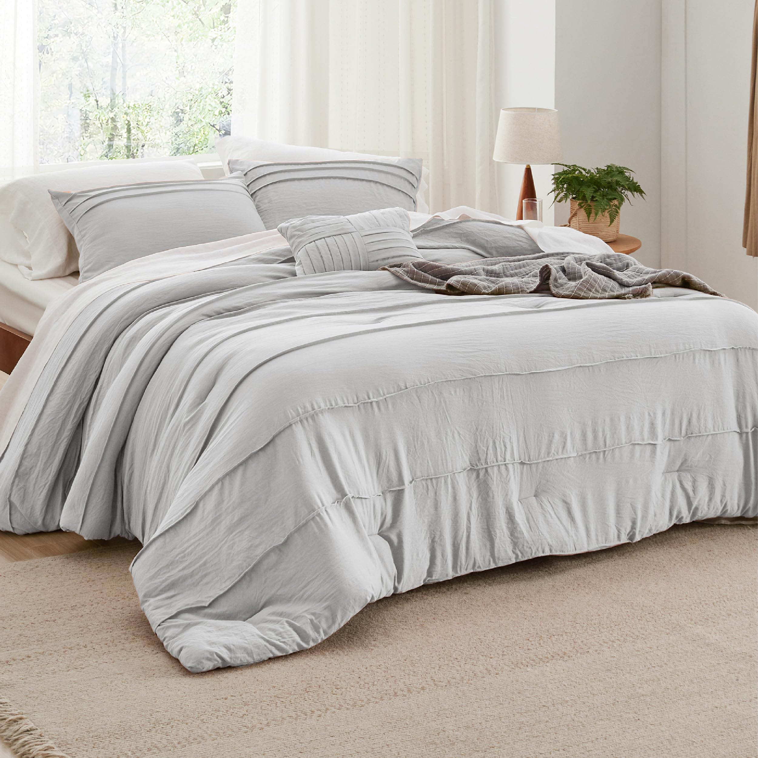 Photo 1 of Bedsure California King Comforter Set - 4 Pieces Pinch Pleat Bed Set, Light Grey Boho Bedding for All Season, 1 Soft Comforter, 2 Pillowcases, 1 Decorative Pillow