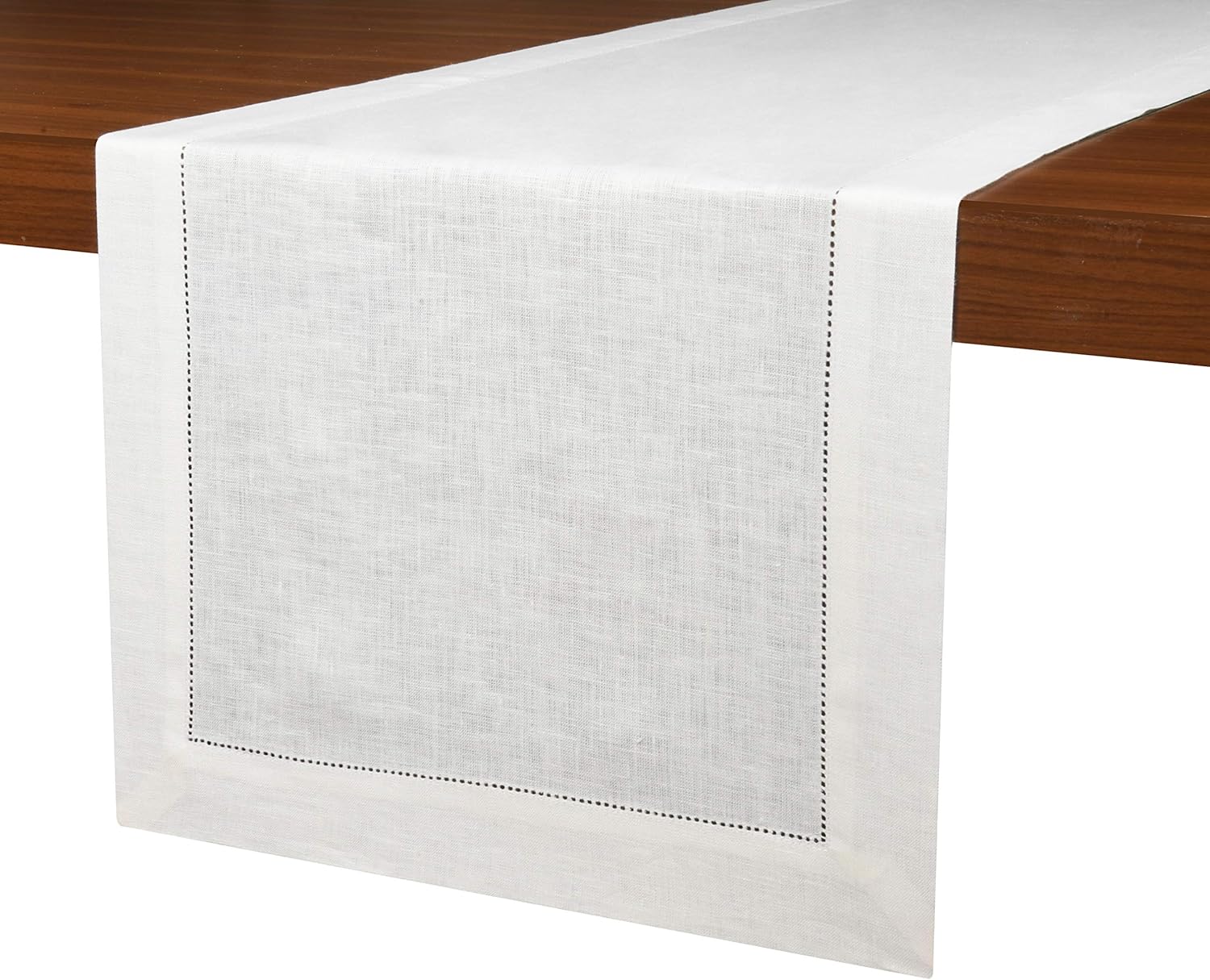 D'Moksha Homes 100% Pure Linen Table Runner/Dresser Scarf - 14 x 90 Inch, Handcrafted from European Flax, Machine Washable, Classic Hemstitch - White: Home & Kitchen
