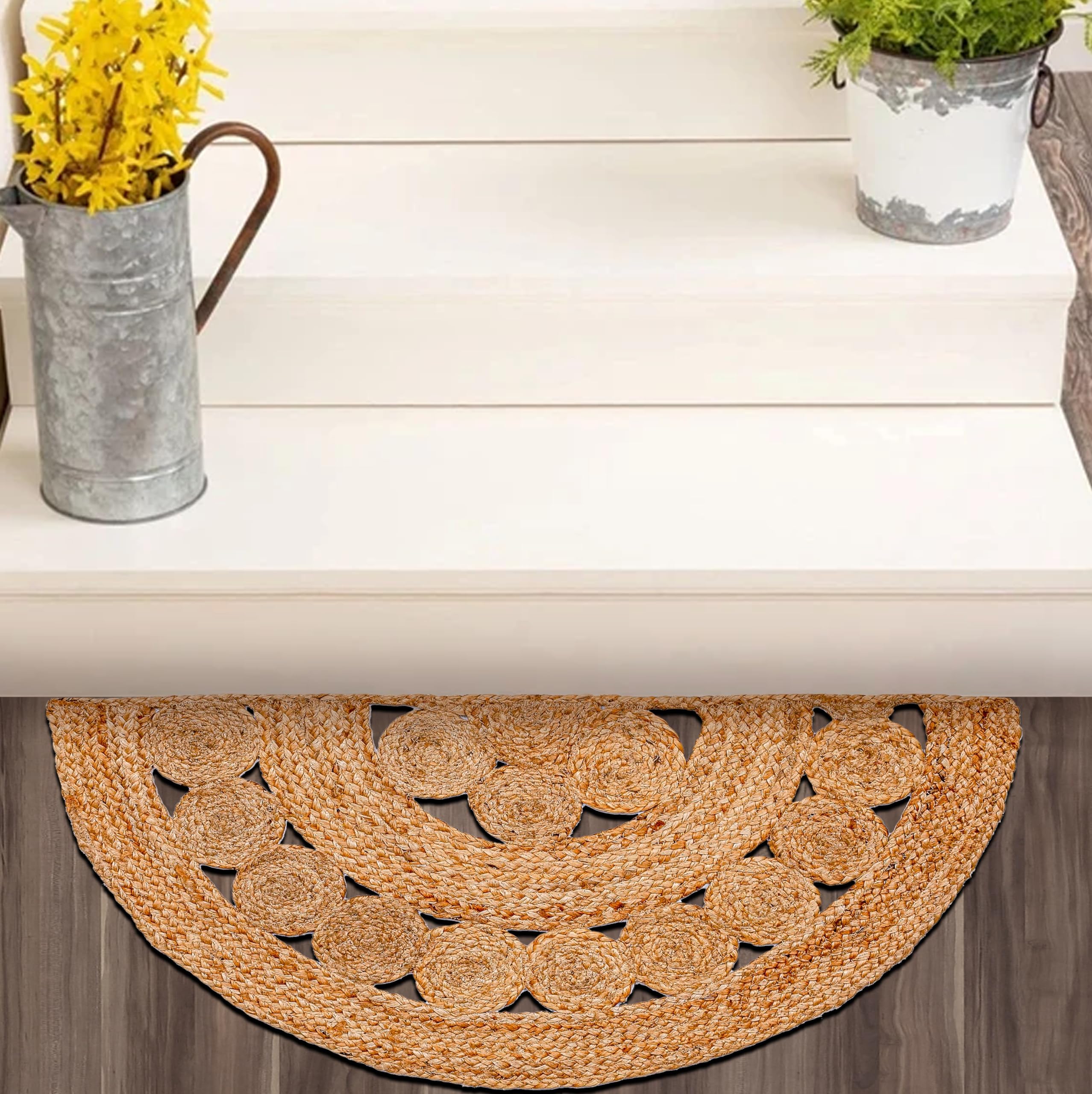Photo 1 of RIANGI Boho Braided 1.5x3 Area Rug - Jute Natural Fiber Half Round Rug for Living Room Entryway, Farmhouse, Home, Indoor Rugs Jute Door mat for Bathroom, Kitchen (Floral, 1.5 X 3 ft)