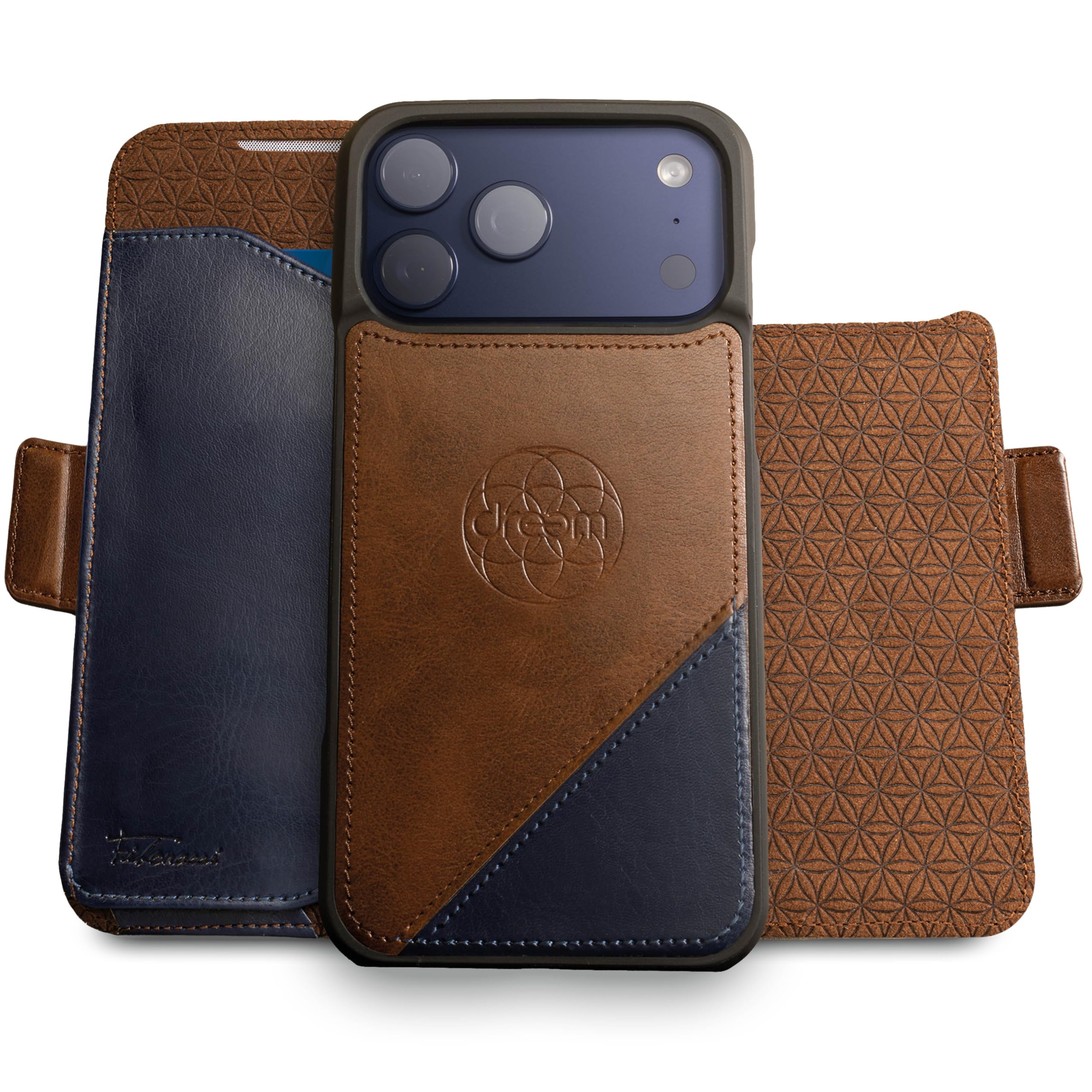Dreem Wallet Case for iPhone 17 Pro, Revolutionary Vert/Hor Phone Stand, Magnetic Detachable Vegan Leather Flip Cover RFID Blocking Card Holder, MagSafe-Fit, Gift Box [Fibonacci: Chocolate/Royal] Image