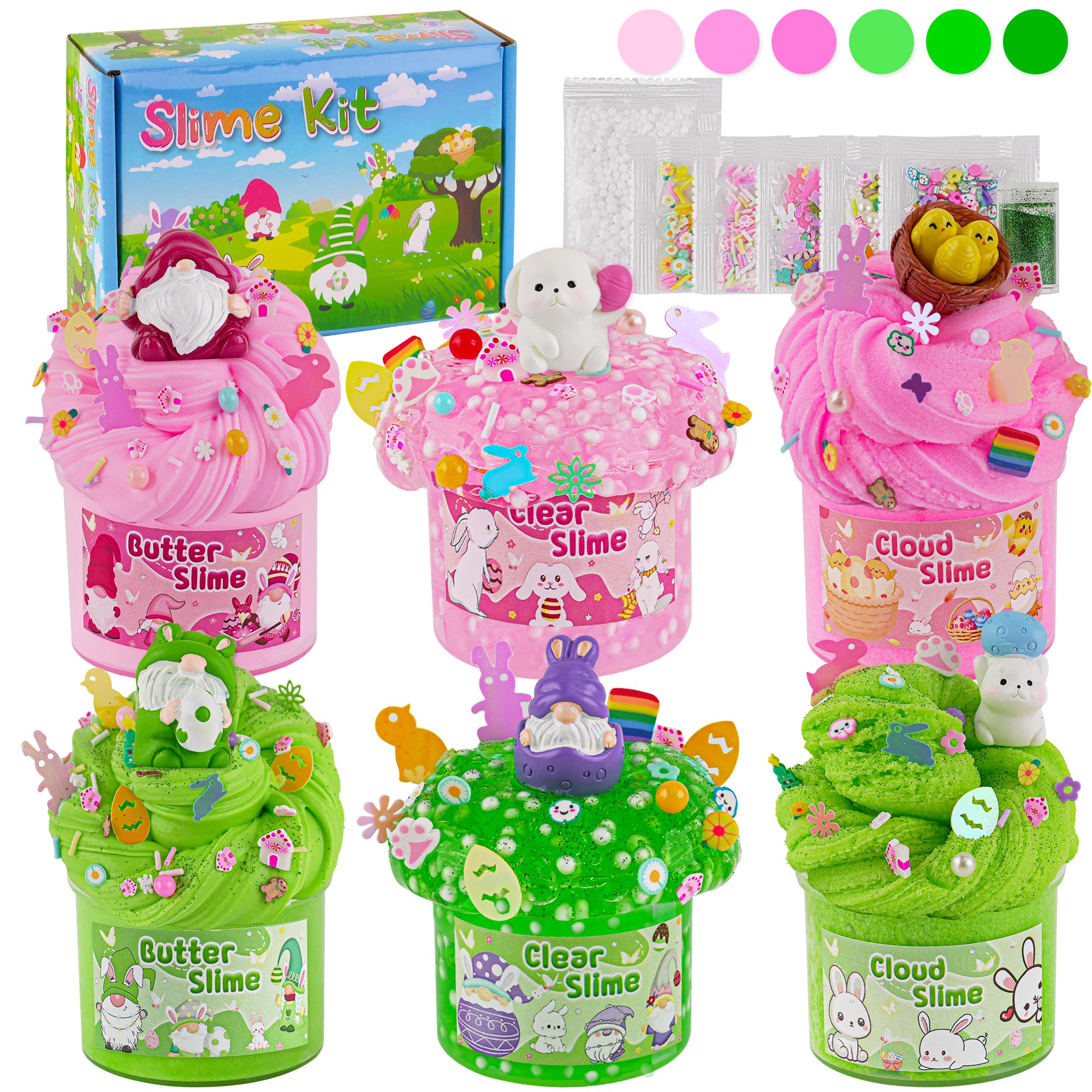 LAWOHO 6 Packs Bunny Pink Slime Kit -Cloud Clear Butter Slimes with Easter Charms & Add-ins, Soft Fluffy Slimes Kits for Girls & Boys, 360ml Pink & Green Easter Slime Making Kit Party Favor for Kids — image 1